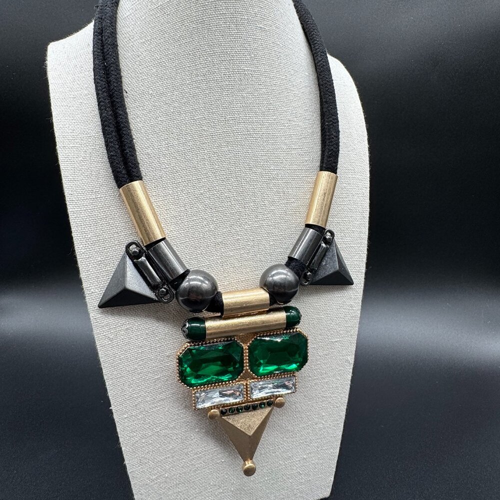 Statement Necklace Gold and Black Tone Metal & Large Green and Clear Stones Rope